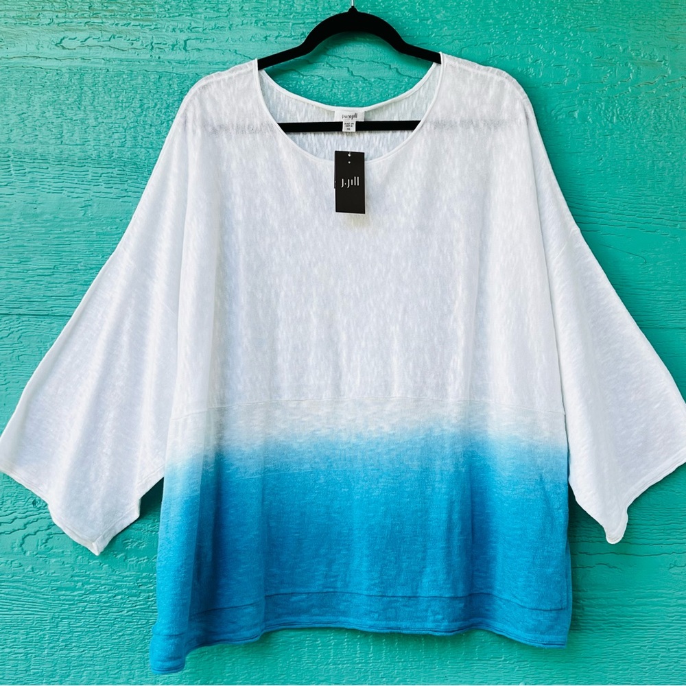 J.Jill Pure Jill Linen Turquoise Blue Ombré Oversized Boxy Top Pocket XL NWT